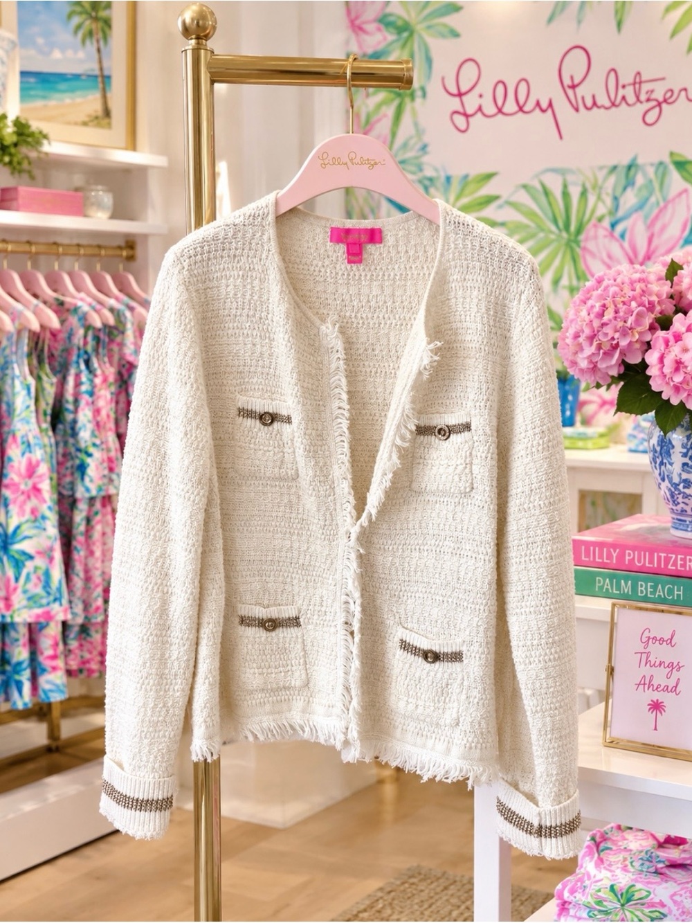Lilly Pulitzer Cream Bouclé Fringe Trim Jacket - Picture 2 of 12